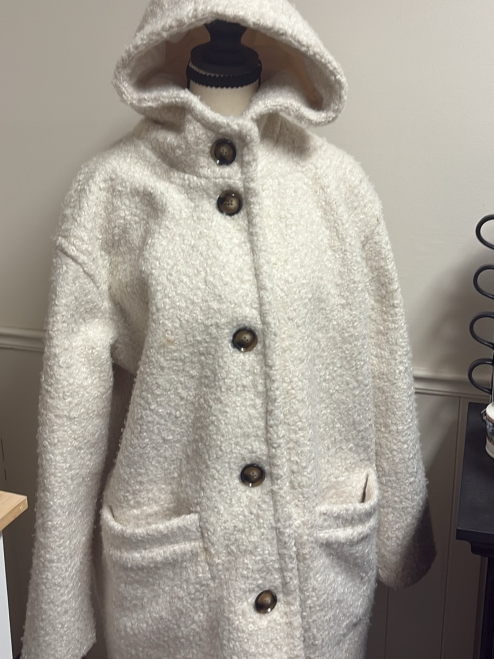 a new day Cream Hooded Bouclé Coat with Button Front